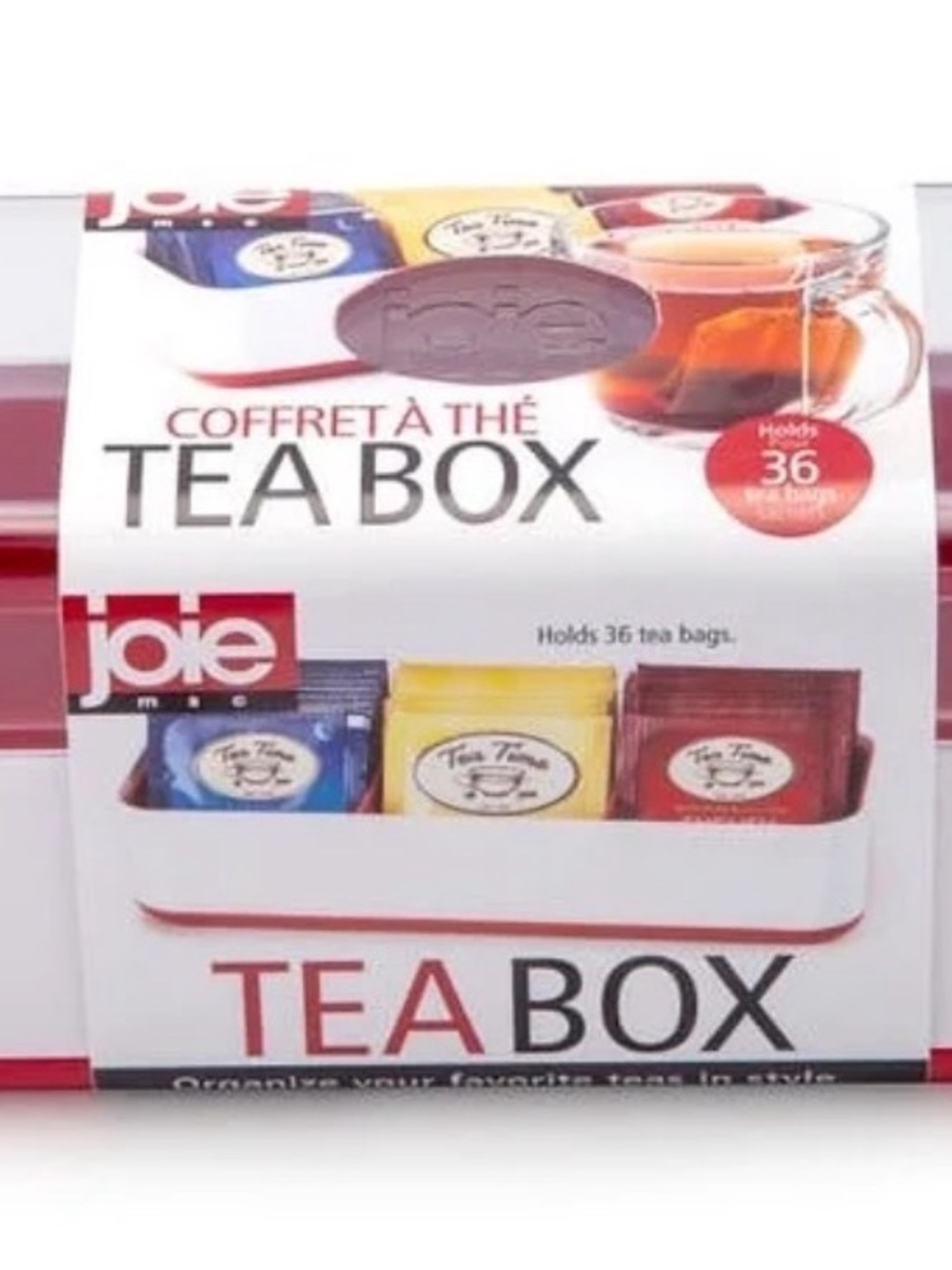 Joie Tea Box Organizer in White with Red Accents hold 36 tea bags